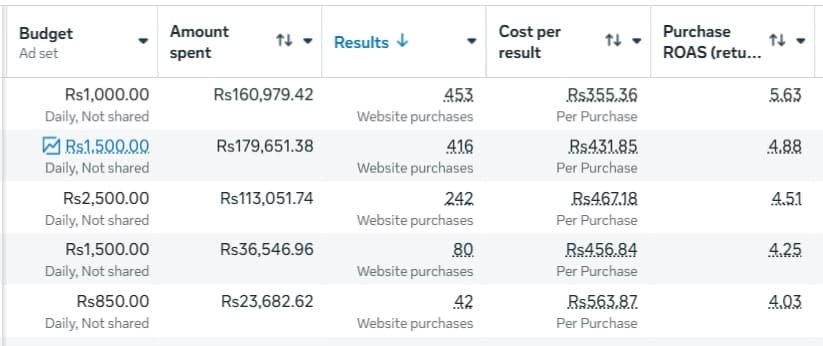 Ad set breakdown showing purchase ROAS of 5.63, 4.88, 4.51, 4.25 and 4.03.